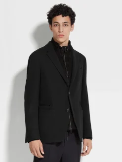 Black High Performance™ Jersey Wool Blend Sweater Jacket