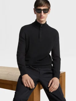 Black Oasi Cashmere Zip Mock Neck Sweater