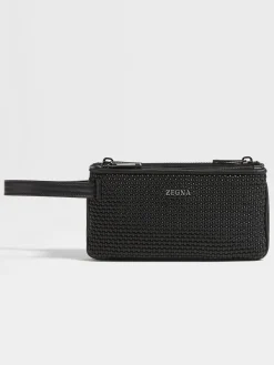 Black PELLETESSUTA™ Leather Triple Zip Pouch