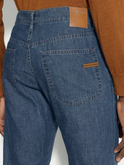 Blue Bleached Cotton and Linen Roccia Jeans