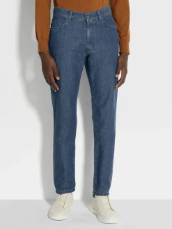 Blue Bleached Cotton and Linen Roccia Jeans