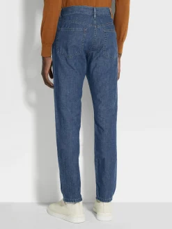 Blue Bleached Cotton and Linen Roccia Jeans