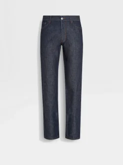 Dark Blue Rinse-washed Cotton and Linen Roccia Jeans