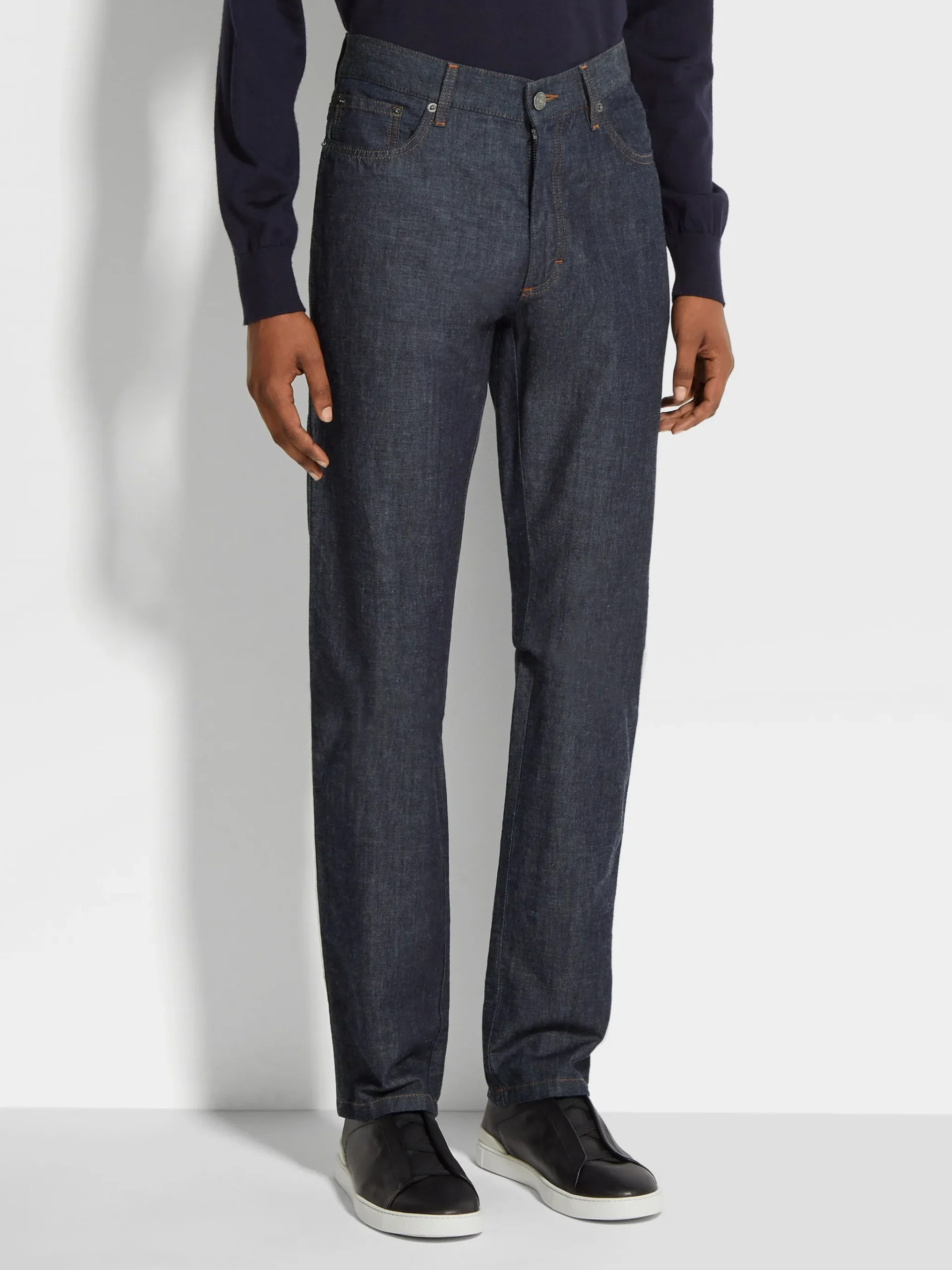 Dark Blue Rinse-washed Cotton and Linen Roccia Jeans