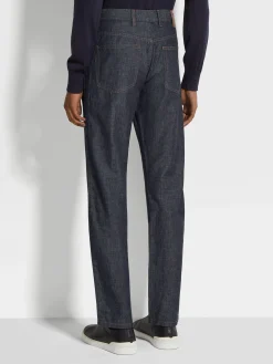 Dark Blue Rinse-washed Cotton and Linen Roccia Jeans