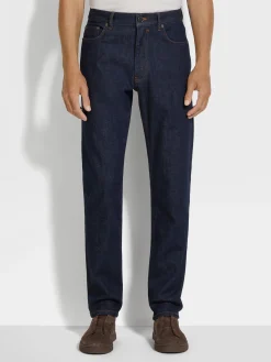 Dark Blue Rinse-washed Stretch Cotton Roccia Jeans