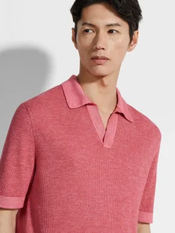 Fuchsia Mélange Silk Cashmere and Linen Polo Shirt