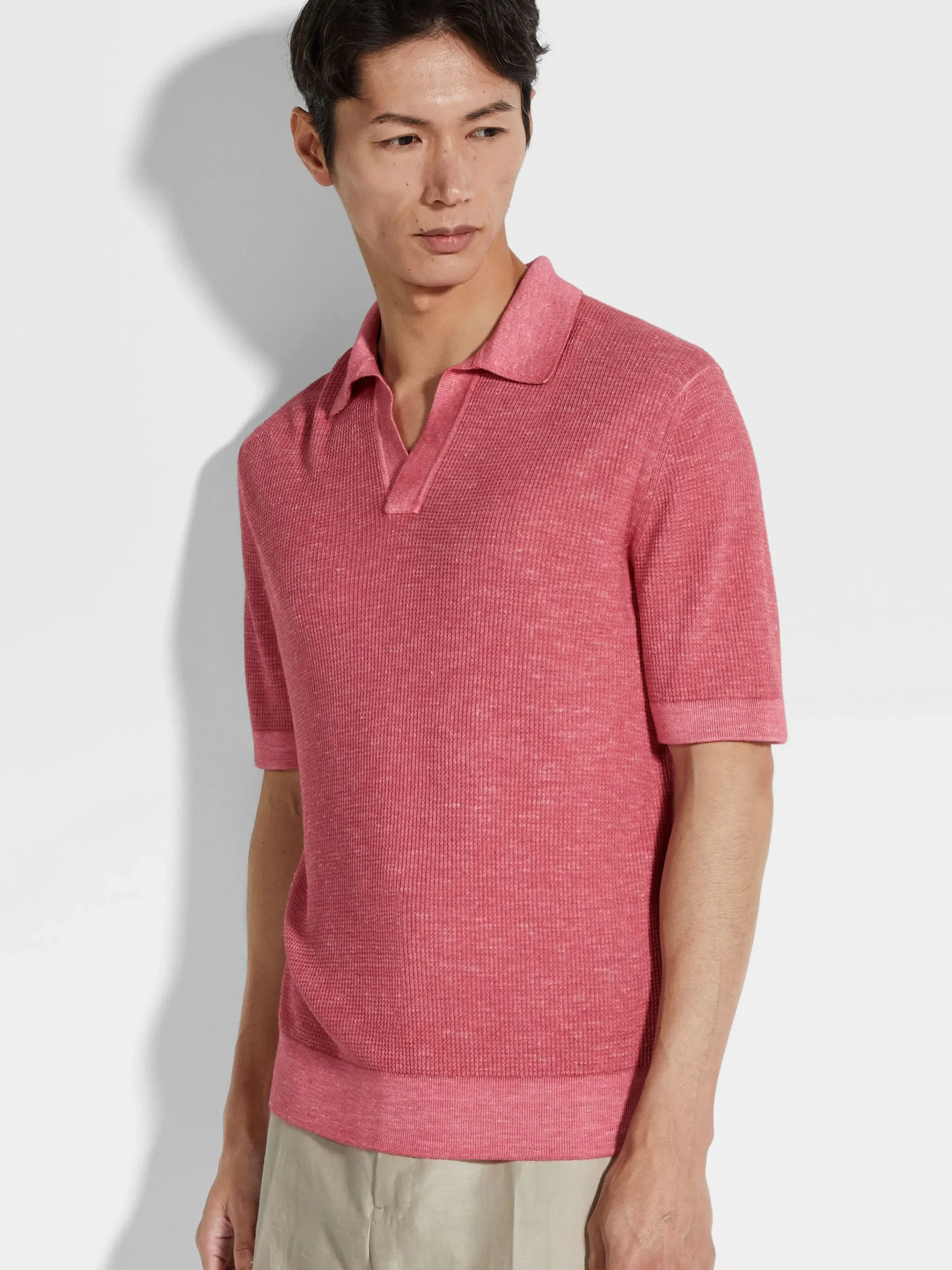 Fuchsia Mélange Silk Cashmere and Linen Polo Shirt