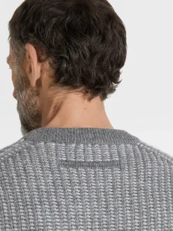 Grey and White Cashmere Mohair and Silk Crewneck