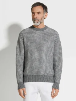 Grey and White Cashmere Mohair and Silk Crewneck