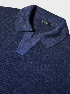 Ink Blue Mélange Silk Cashmere and Linen Polo Shirt