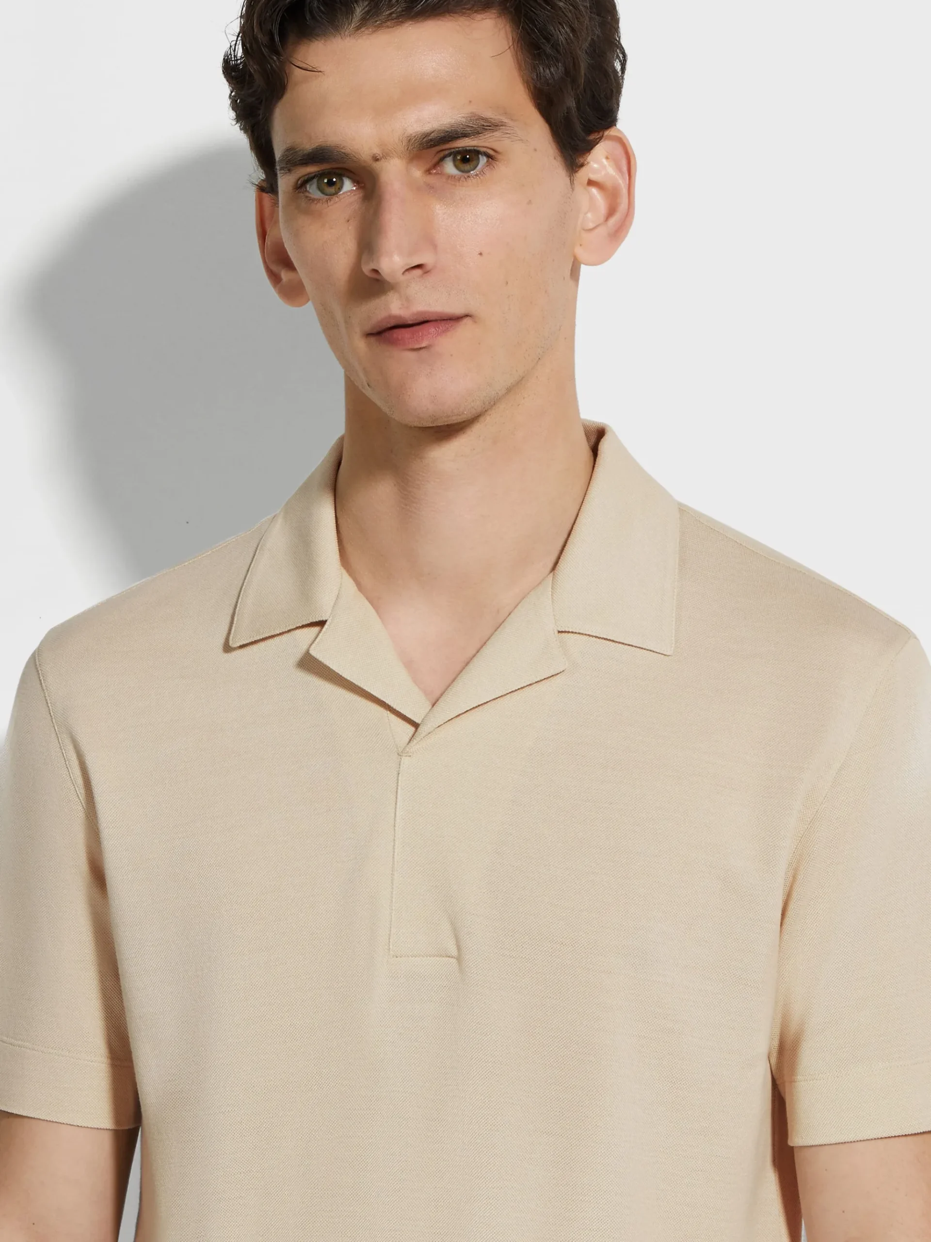 Light Beige Silk and Cotton Piquet Polo Shirt