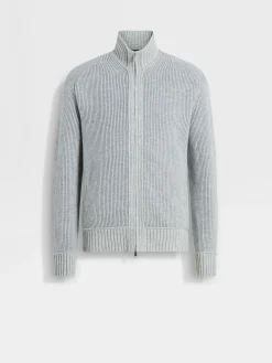 Light Grey and Grey Mélange Oasi Cashmere Full Zip Cardigan