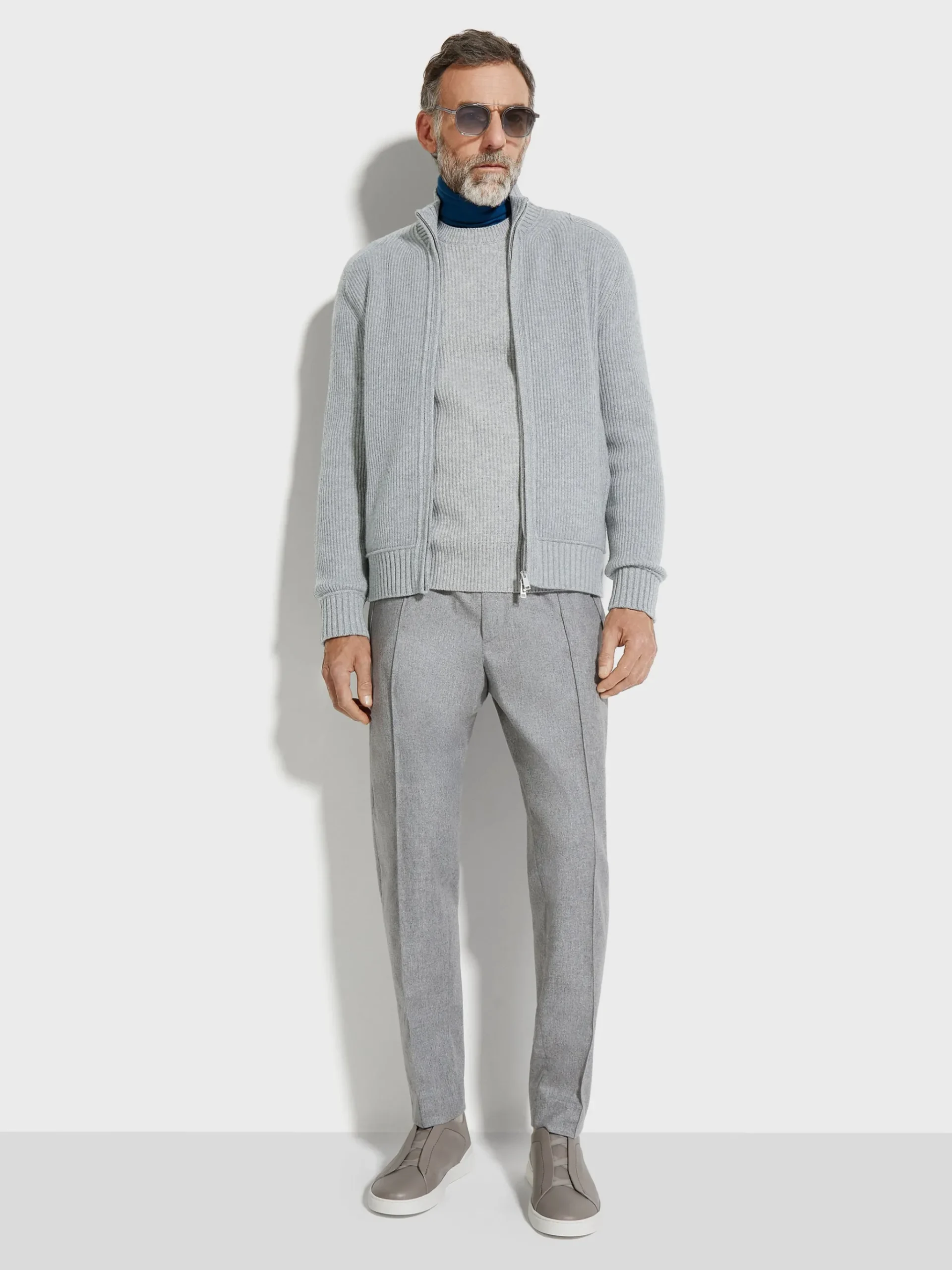 Light Grey and Grey Mélange Oasi Cashmere Full Zip Cardigan