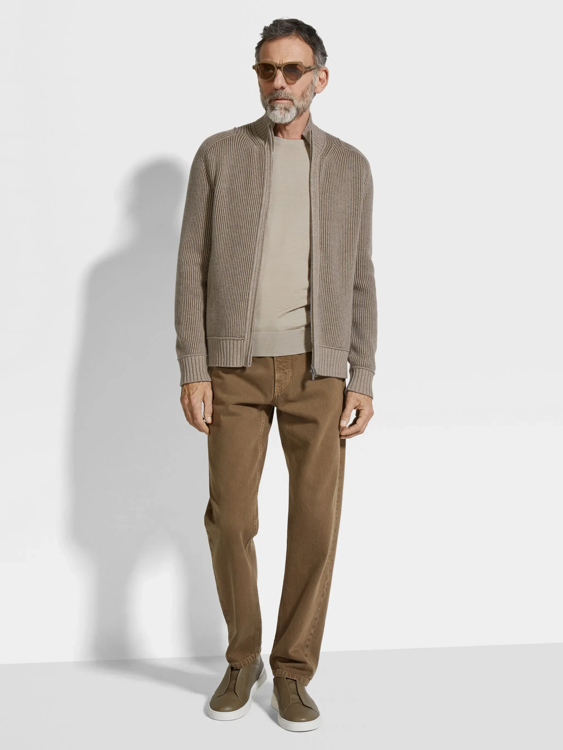 Light Taupe and Khaki Mélange Oasi Cashmere Full Zip Cardigan