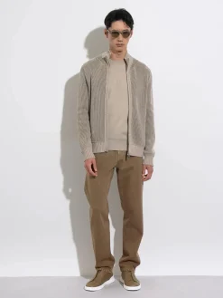 Light Taupe and Khaki Mélange Oasi Cashmere Full Zip Cardigan