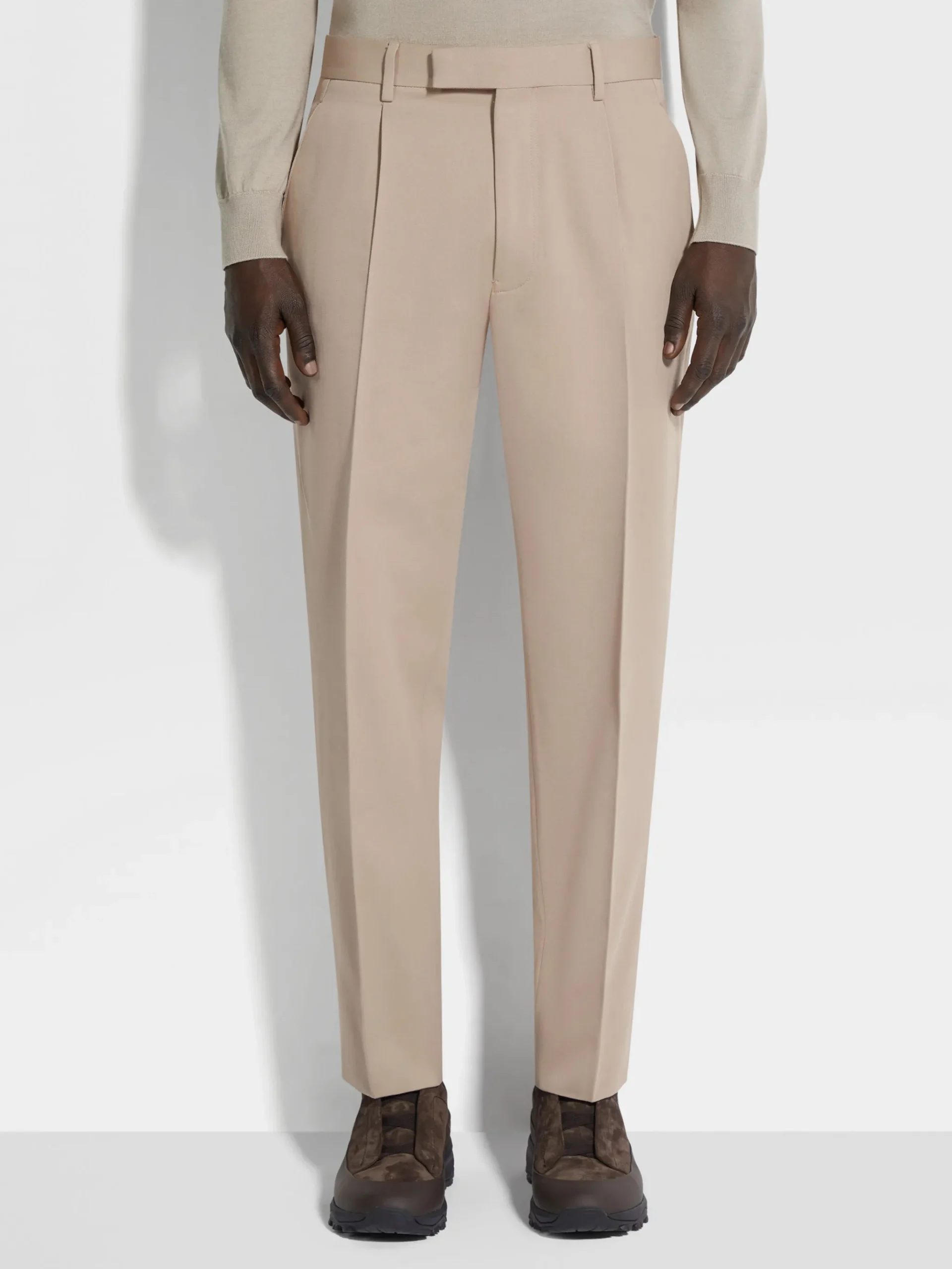 Light Taupe Cotton and Wool Pants