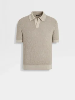 Light Taupe Mélange Silk Cashmere and Linen Polo Shirt