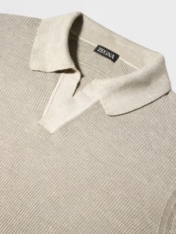 Light Taupe Mélange Silk Cashmere and Linen Polo Shirt