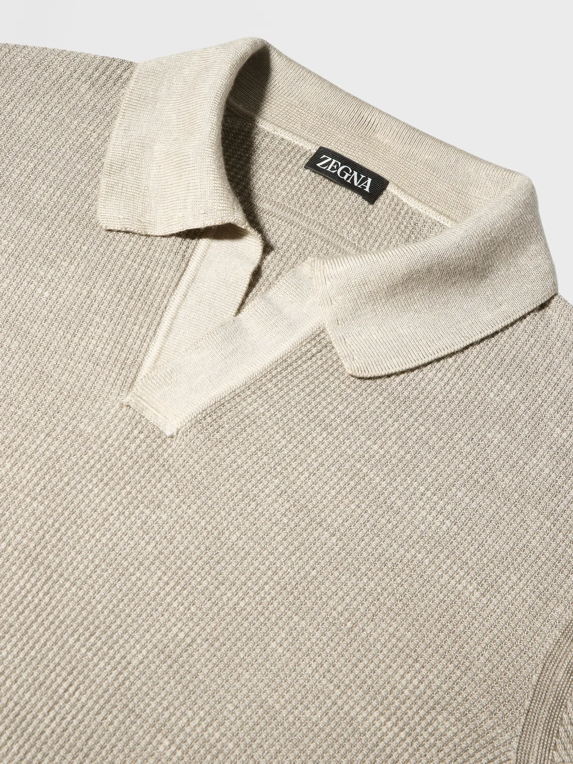 Light Taupe Mélange Silk Cashmere and Linen Polo Shirt