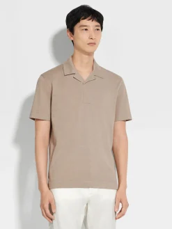 Light Taupe Silk and Cotton Piquet Polo Shirt