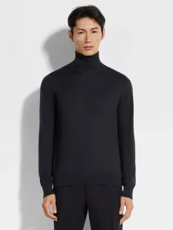 Navy Blue Mélange Cashseta Turtleneck