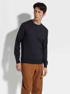 Navy Blue Mélange Cashseta Crewneck