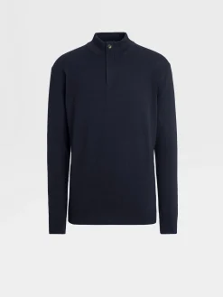 Navy Blue Mélange Oasi Cashmere Zip Mock Neck Sweater