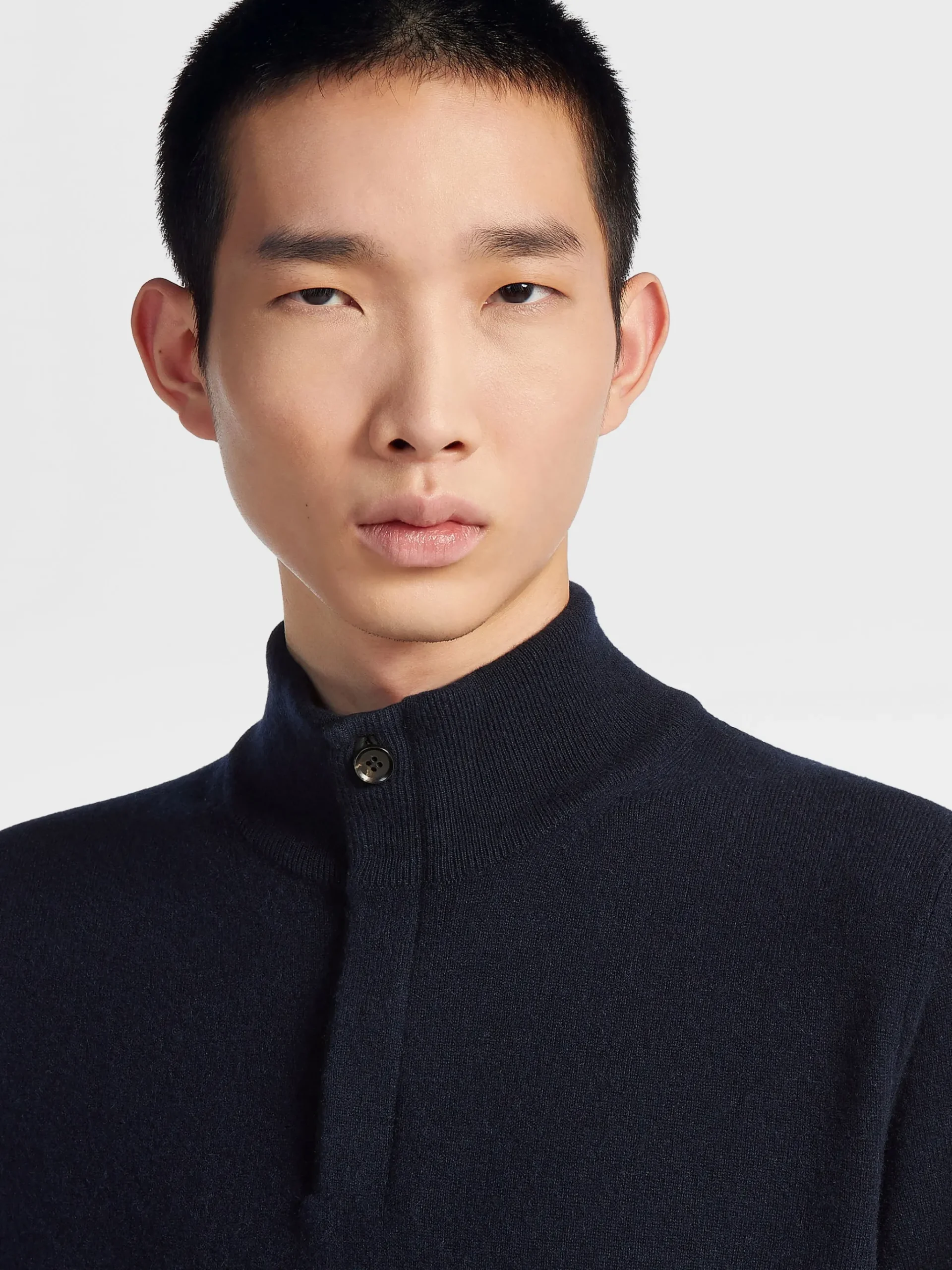 Navy Blue Mélange Oasi Cashmere Zip Mock Neck Sweater