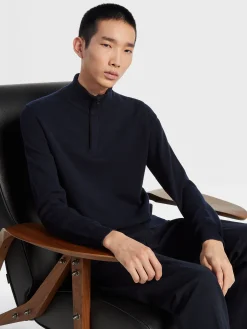 Navy Blue Mélange Oasi Cashmere Zip Mock Neck Sweater