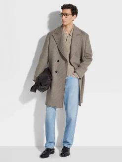 Taupe and Grey Cashmere and Wool Blend Overcoat