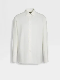 White and Light Beige Macro-striped Silk Cotton and Cashmere Shirt