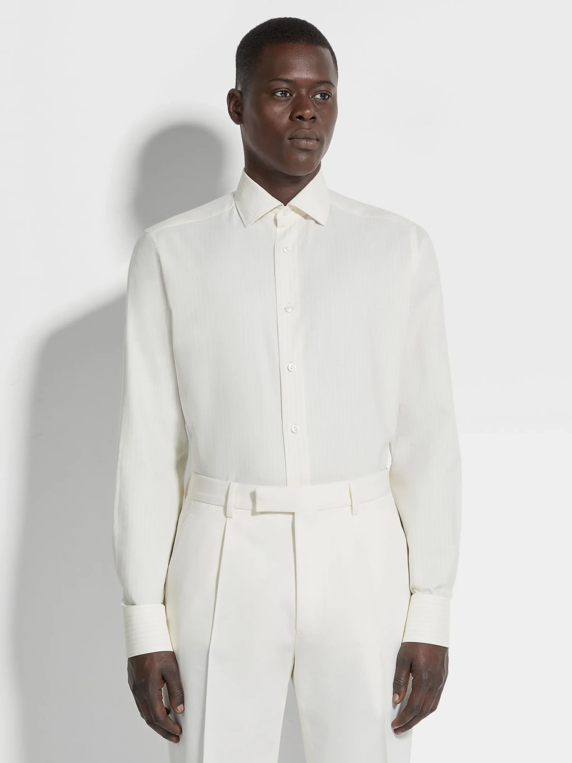 White and Light Beige Macro-striped Silk Cotton and Cashmere Shirt