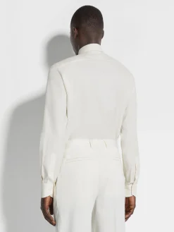 White and Light Beige Macro-striped Silk Cotton and Cashmere Shirt