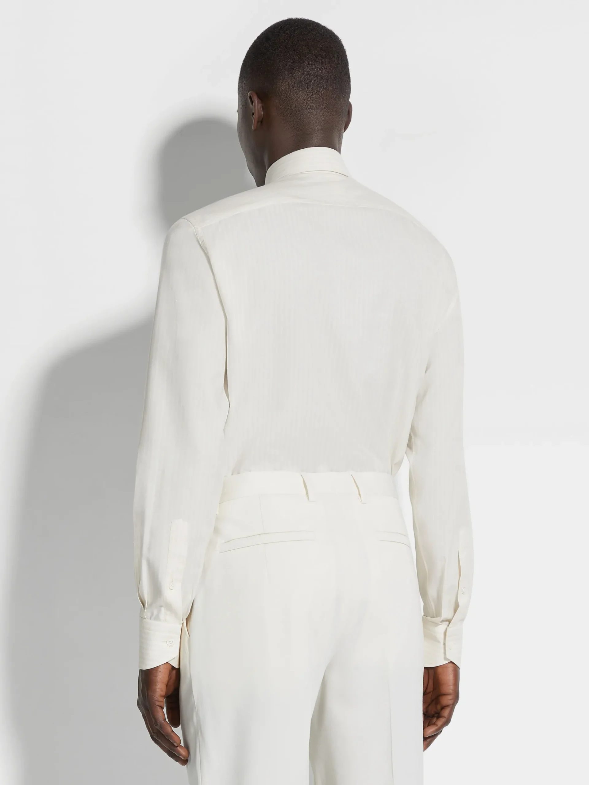 White and Light Beige Macro-striped Silk Cotton and Cashmere Shirt