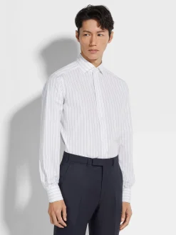 White and Navy Blue Macro-striped Centoventimila Cotton Shirt
