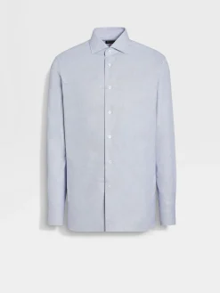 White and Navy Blue Micro-structured Centoventimila Cotton Shirt