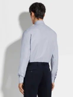 White and Navy Blue Micro-structured Centoventimila Cotton Shirt