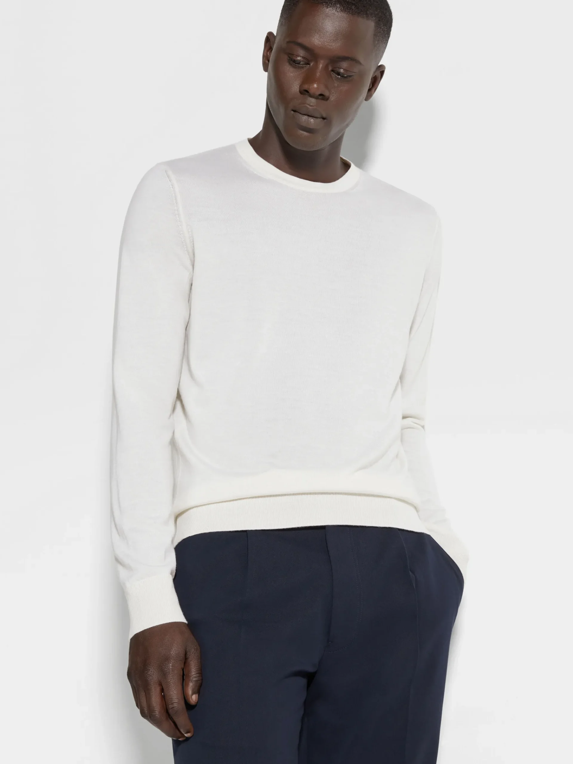 White Mélange Cashseta Crewneck
