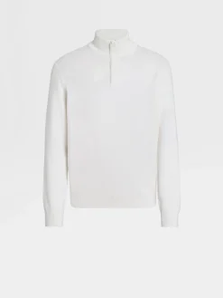 White Mélange Oasi Cashmere Zip Mock Neck Sweater