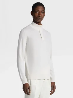 White Mélange Oasi Cashmere Zip Mock Neck Sweater